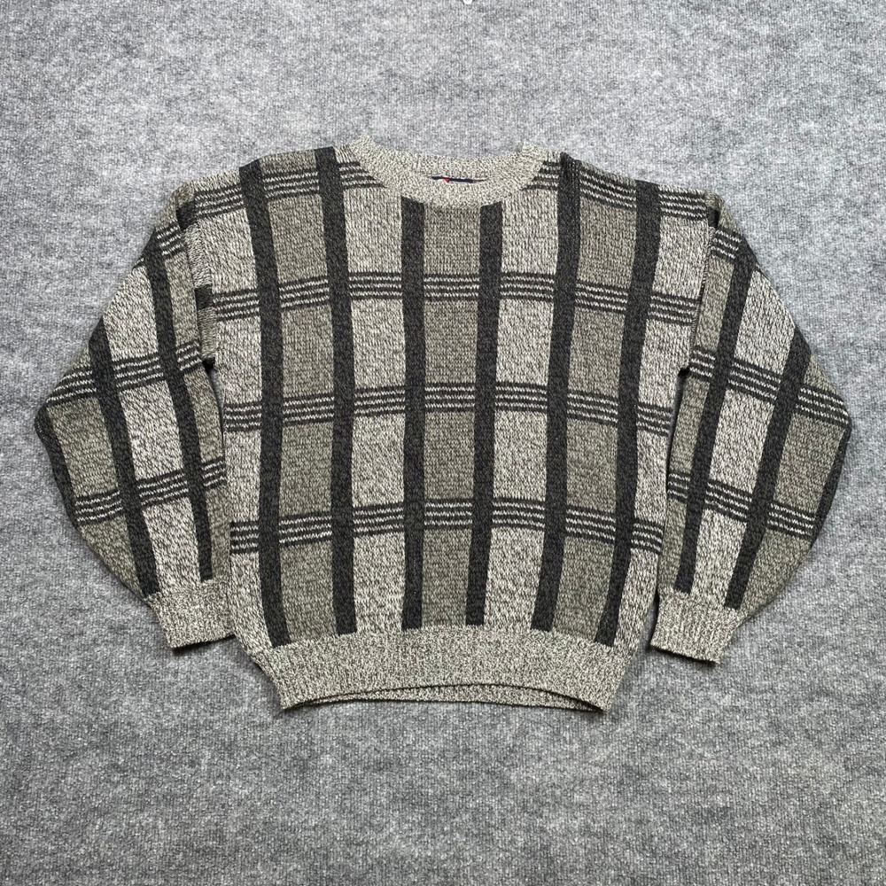 International Trading Company Mens Vintage Grey Black Grid Acrylic Sweater L